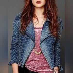 Free People Punched Denim Moto Jacket Herringbone Blue Jean Jacket Size 6